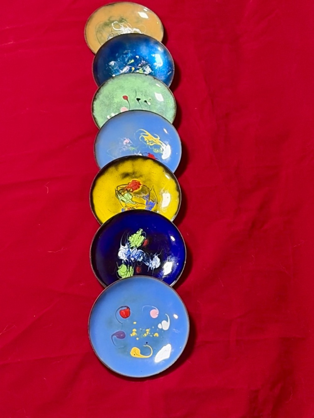 Vintage Enamel on Copper Coasters Set 7 Abstract Mid Century 3.7”
